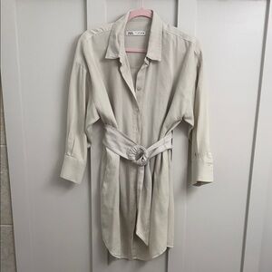 Zara Cream Shirt Mini Dress with Tie Belt
